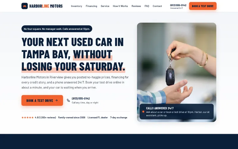 Harborline Motors demo homepage with the headline Your next used car in Tampa Bay, without losing your Saturday, a Book a Test Drive button, and a note that calls are answered 24/7 by Harbor, the AI assistant