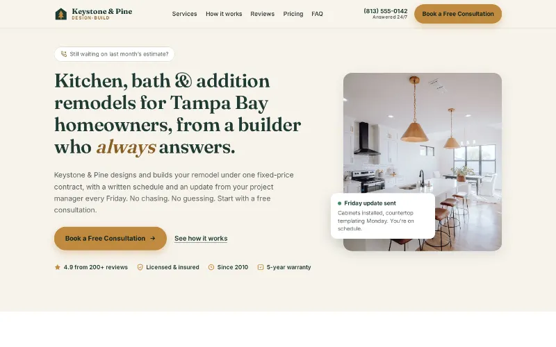 Keystone and Pine Design-Build demo homepage with the headline Kitchen, bath and addition remodels for Tampa Bay homeowners, a Book a Free Consultation button, and a Friday project update card beside a kitchen photo