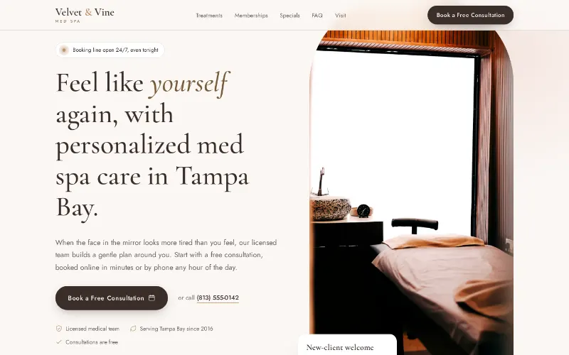 Velvet and Vine Med Spa demo homepage with the headline Feel like yourself again, with personalized med spa care in Tampa Bay, a badge saying the booking line is open 24/7, even tonight, a Book a Free Consultation button with the phone number beside it, and a treatment room photo