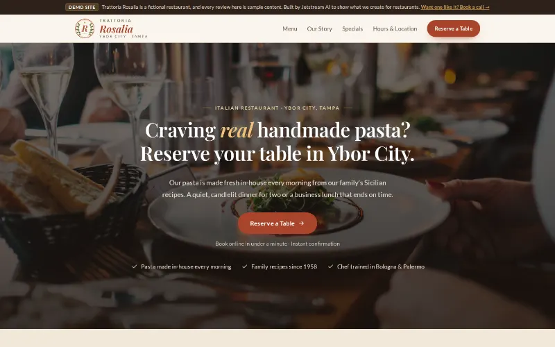Trattoria Rosalia demo homepage with the headline Craving real handmade pasta? Reserve your table in Ybor City, and a Reserve a Table button over a candlelit dining room photo